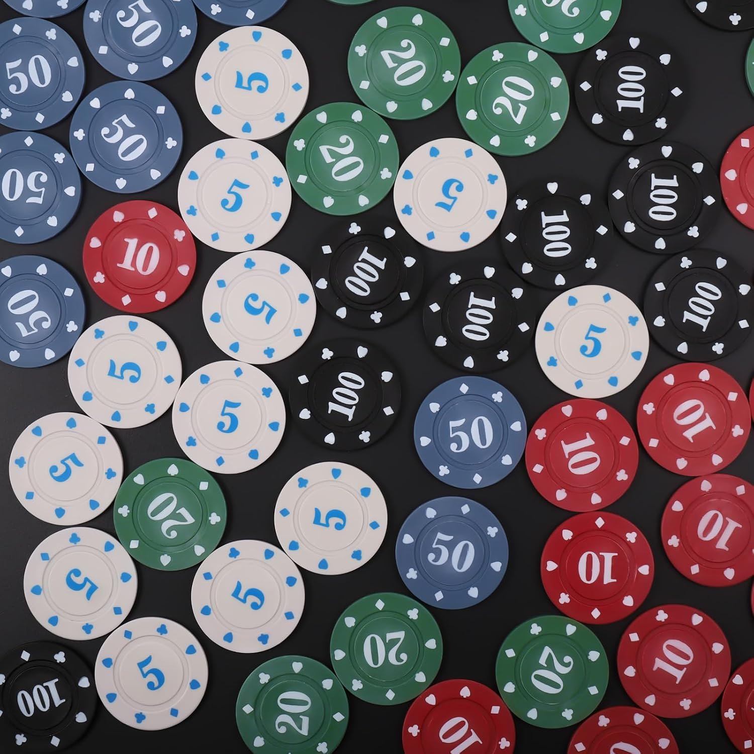 Detalle de Zocipro pokerchips, 120 marker i fem valörer med sammetspåse