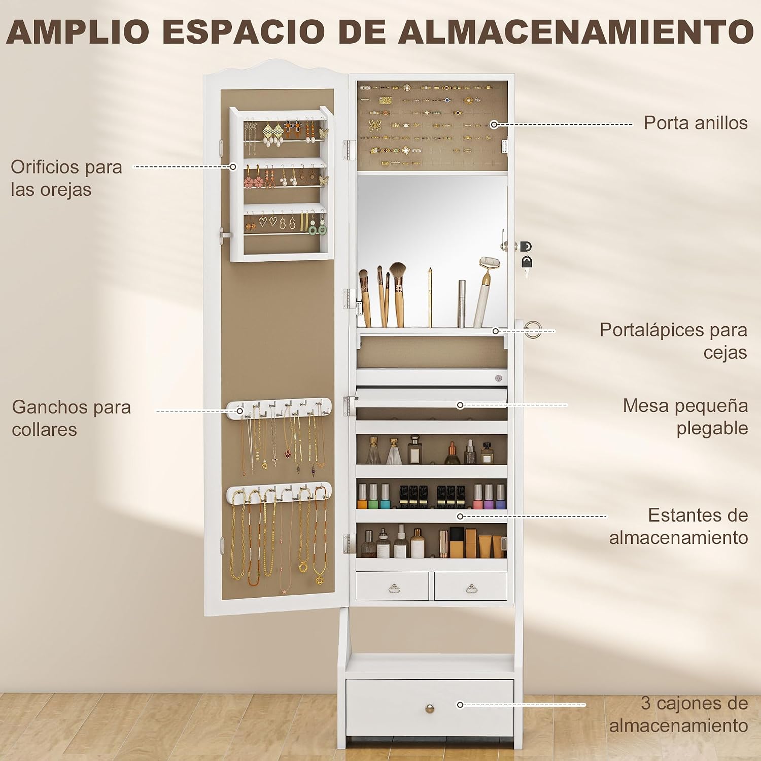 Detalle de HOMCOM Espejo Joyero con Luces LED, Cajones y Cerradura Blanc/Beige
