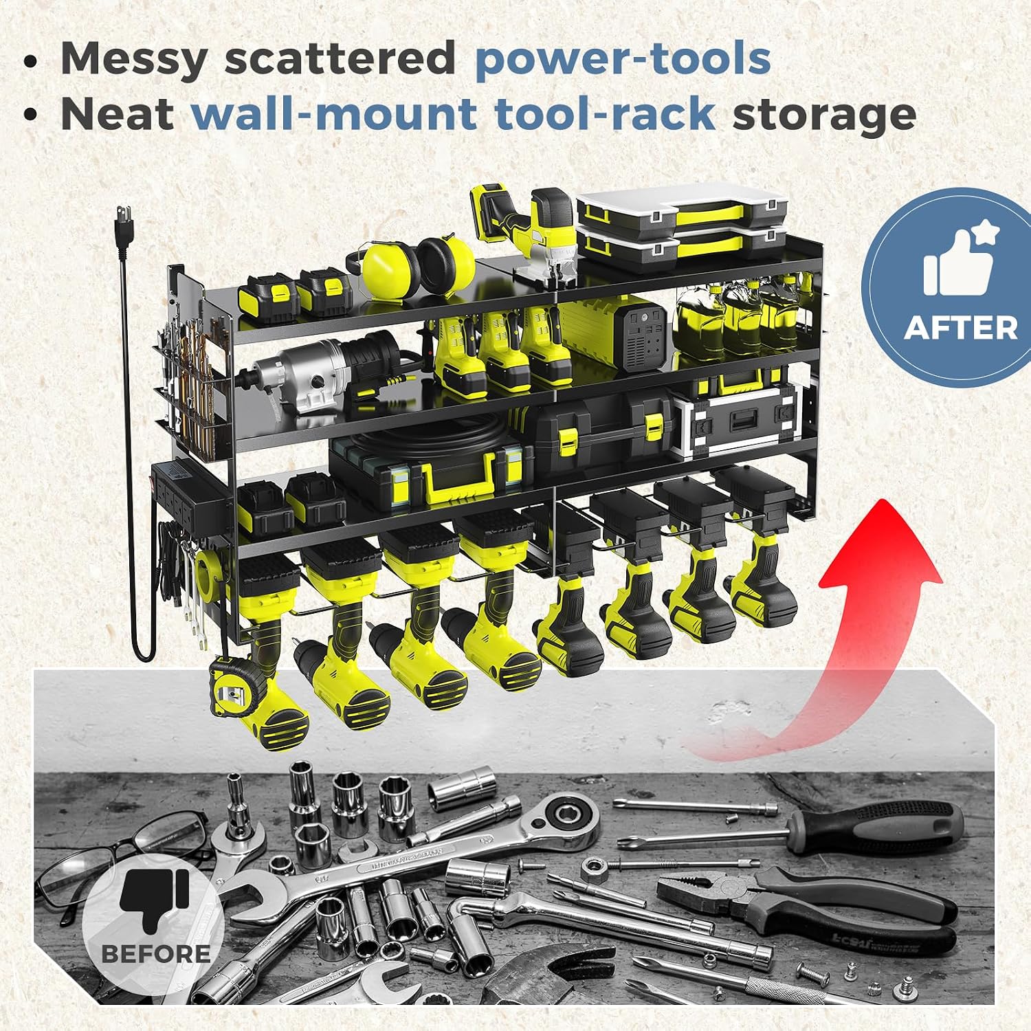Detalle de DUMOS Wall-Mounted Power Tool Organizer, 600-Lb Capacity