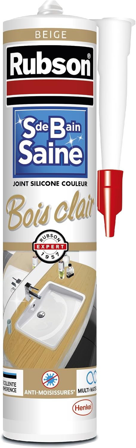 Detalle de Rubson Mastic Salle de bain Saine Couleur « Bois Clair » beige 280 ml – joint silicone sanitaire multi-matériaux antifongiques