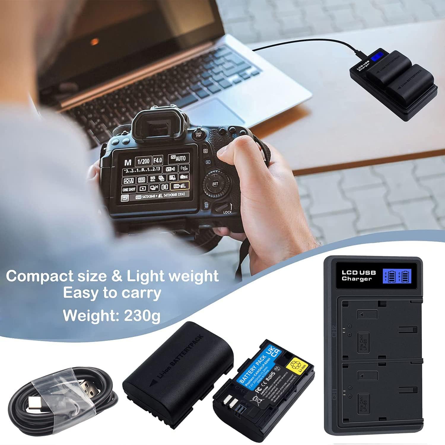 Thumbnail 6 de 2-Pack LP‑E6NH batteries with USB‑C dual charger (LP‑E6NH / LP‑E6) for Canon EOS cameras
