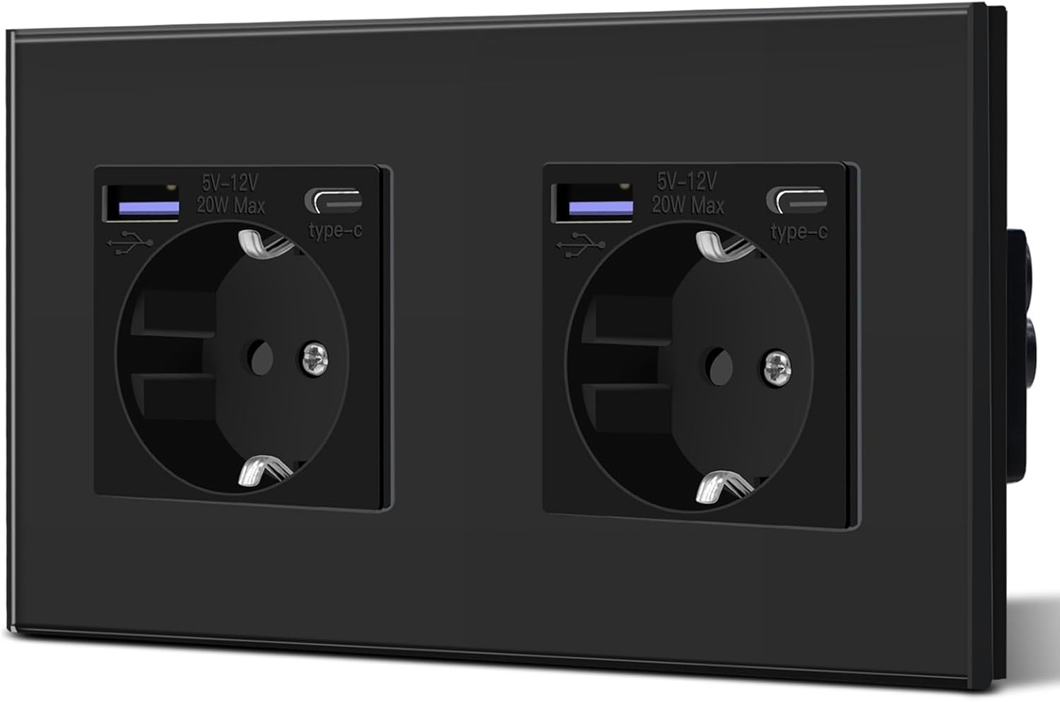 Detalle de BSEED Glas-Wandsteckdose mit 20W USB‑C – 3-in-1 Unterputz-Ladestation, 2er, Schwarz