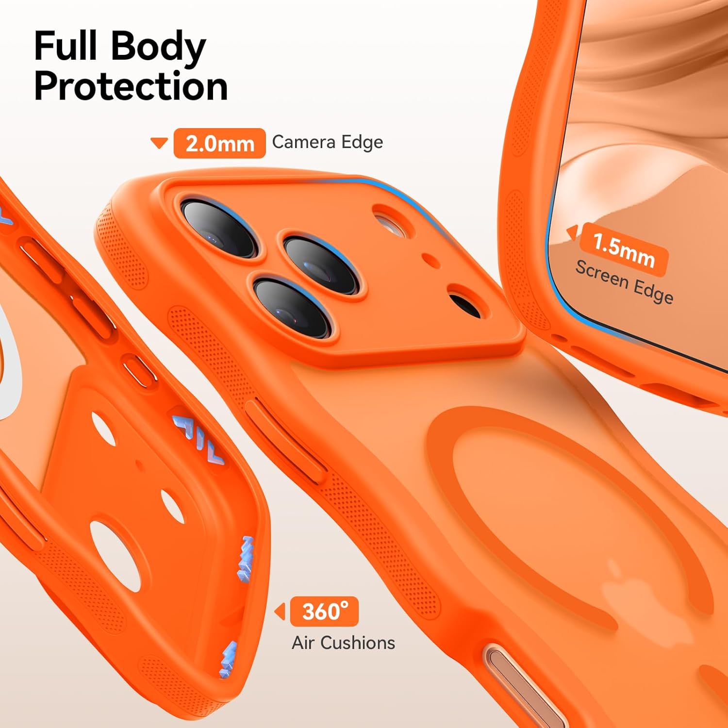 Thumbnail 6 de 3 in 1 Magnetic iPhone 17 Pro Max Case with Cute Wavy Design — Full Camera Protection + MagSafe Compatibility (Orange, 6.9")