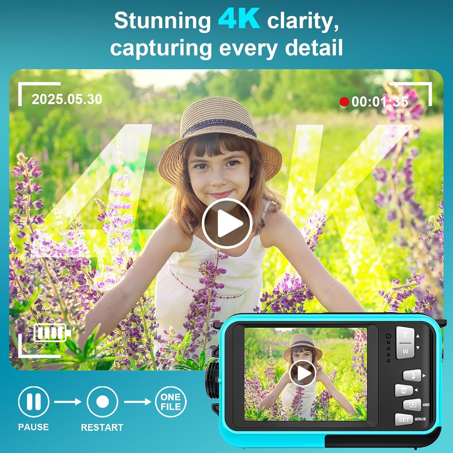 Detalle 2 de Yixinxin 4K Unterwasserkamera mit Dual-Screen – 64MP Autofokus, 16 ft Tauchtiefe, inklusive 32GB