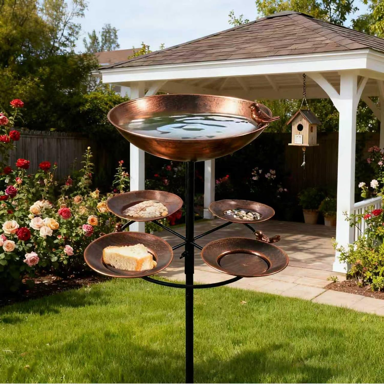 Detalle de 42In Bird Bath with Feeder for Garden – Vintage Stainless Steel Standing Bath & 4-Tray Feeder