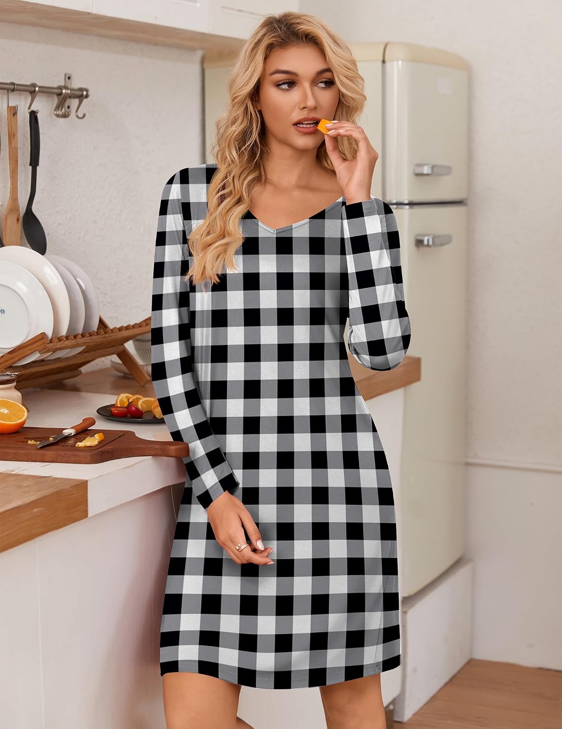 Detalle 2 de Ekouaer 3-Pack Women's Long-Sleeve Nightgowns, Soft Stretch Sleep Shirts