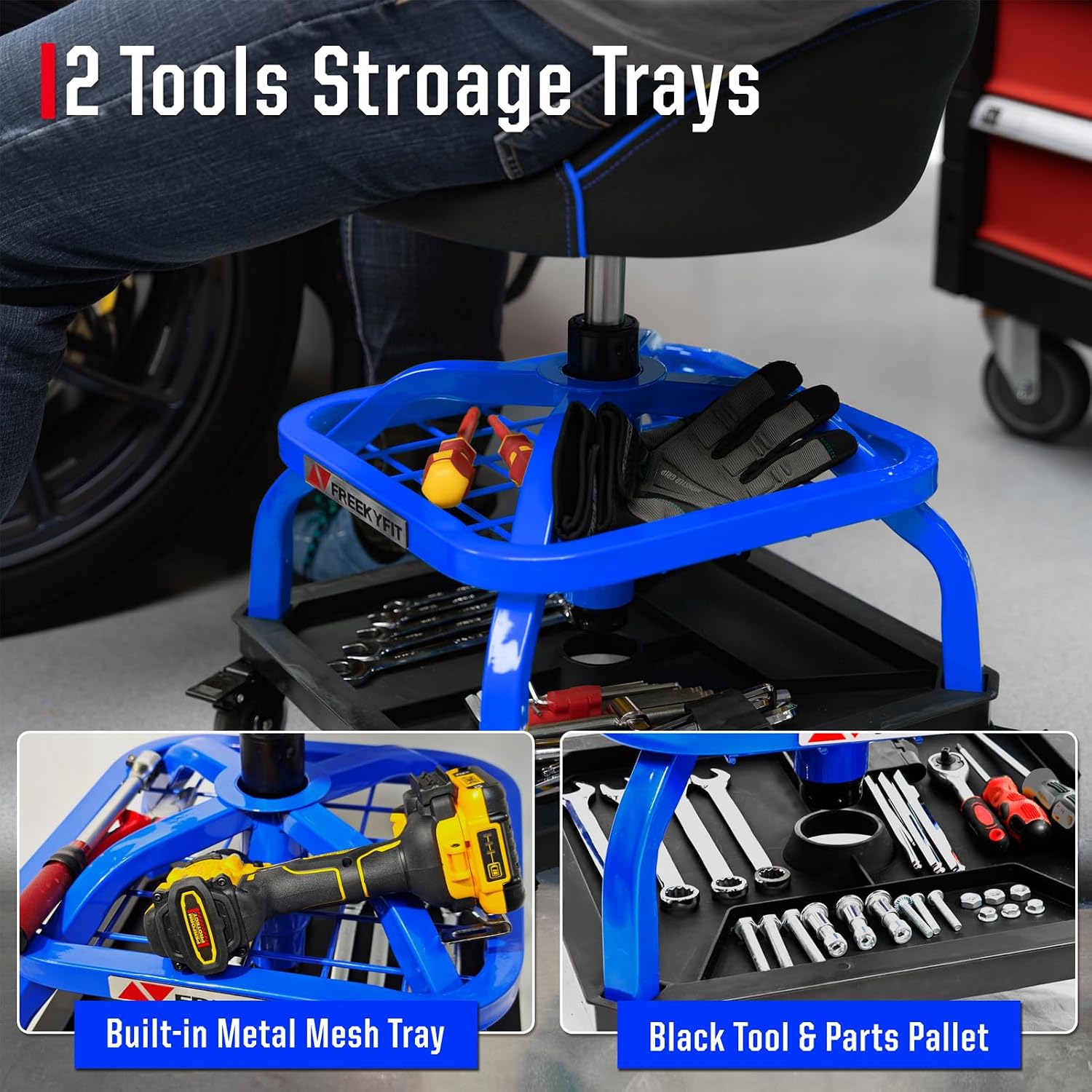 Detalle de FreekyFit Rolling Shop Stool with Wheels — Heavy-Duty Garage Mechanic Chair