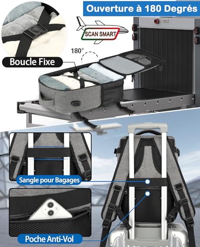 Detalle de KLOSTAIN Sac à Dos Voyage Cabine Avion 45x36x20 - 30L pour EasyJet, Noir Gris Mélangé, ordinateur 14 pouces