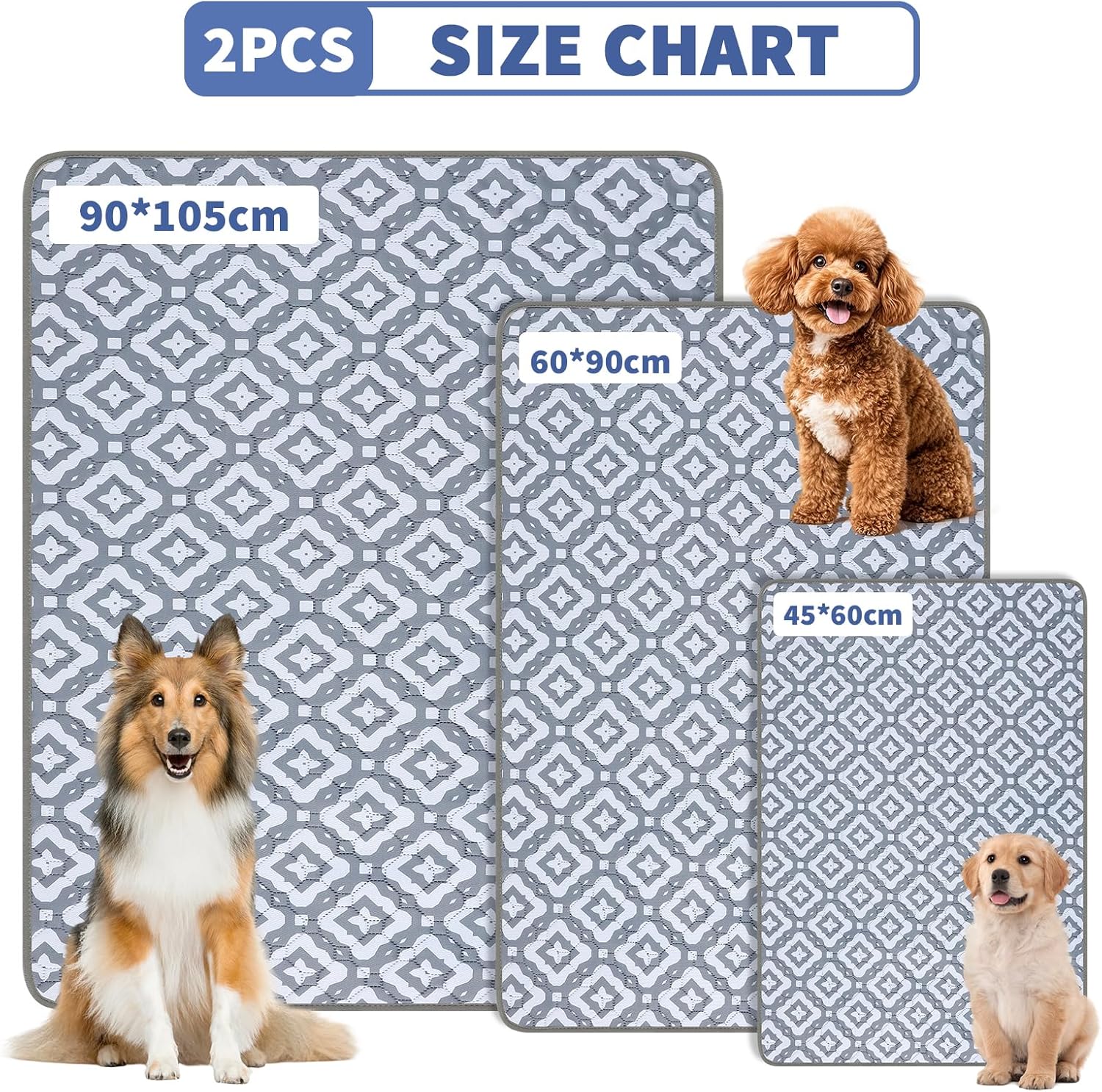Detalle de Aruiliya Reusable Washable Puppy Pads (2 Pack) – Anti-Slip, Super Absorbent, Leak-Proof Training Pads 90 x 105cm