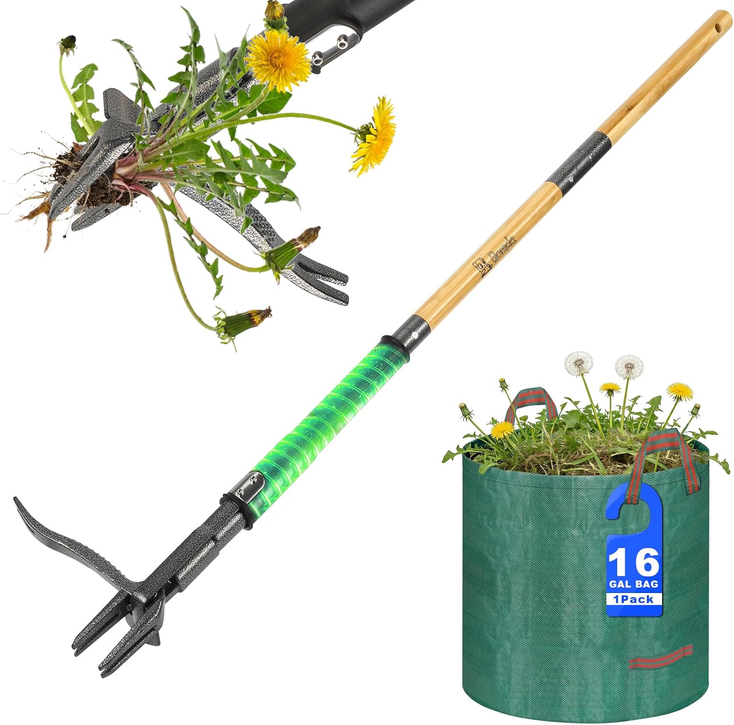 Detalle de Bamda Weed Puller Root Remover Tool (110.5cm) – Durable Bamboo Handle, 4-Claw Steel Head