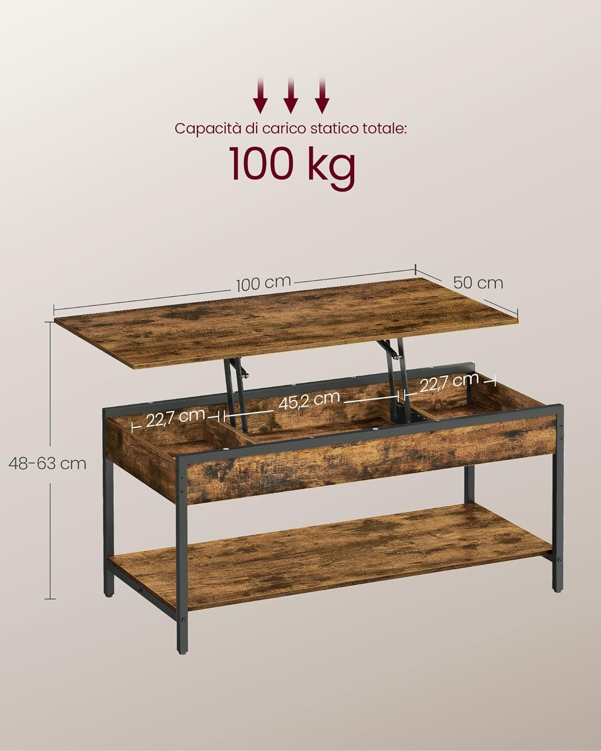 Thumbnail 2 de VASAGLE Tavolino con piano sollevabile LCT261KD02, stile industriale vintage (50 x 100 cm)
