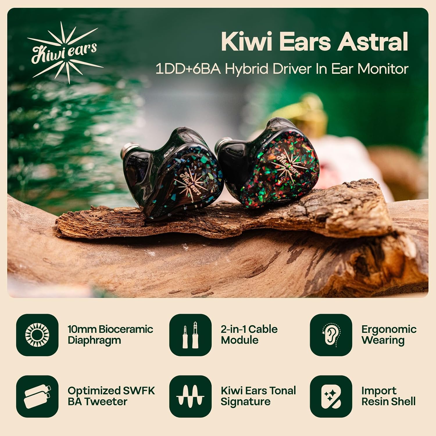 Detalle de Linsoul Kiwi Ears Astral 1DD+6BA IEM ibridi In-Ear cablati (verde) per studio, ascolto HiFi e gaming