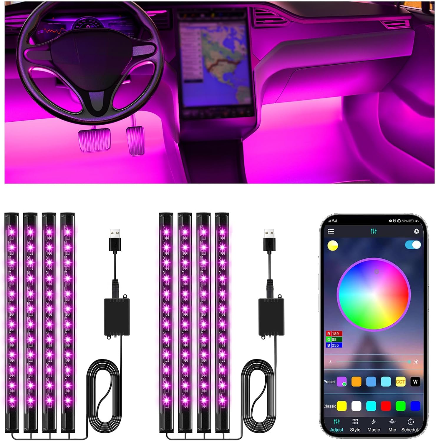 Detalle de Winzwon Ambientebeleuchtung fürs Auto (Innenraum) mit App-Steuerung und 16 Millionen Farben (2)