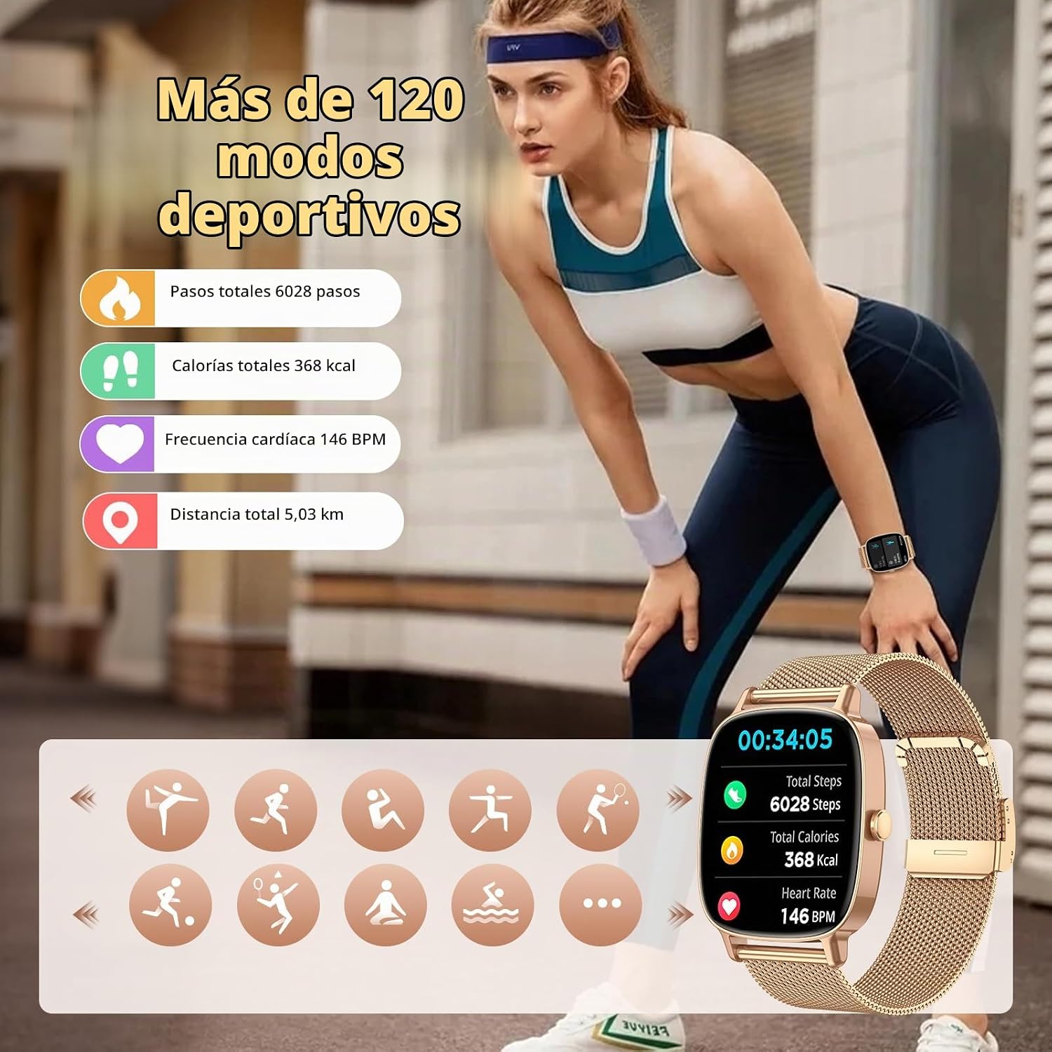 Detalle de Reloj Inteligente Mujer coioc con llamadas Bluetooth, 2 correas y pantalla 1,85