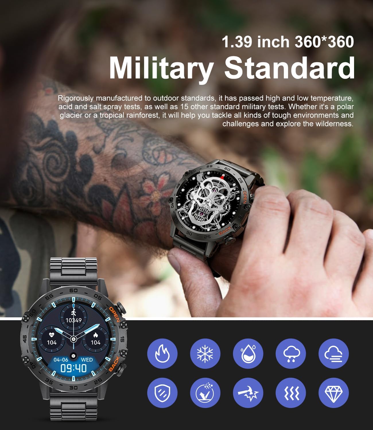 Detalle de FEELNEVER Smart Watch for Men with Wireless Call Function: A Practical Military-Grade Fitness Companion