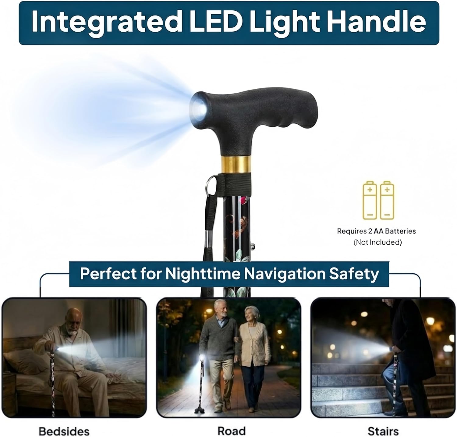 Detalle de Hedkin Folding Walking Cane with LED Light, Adjustable Height, Quad Base