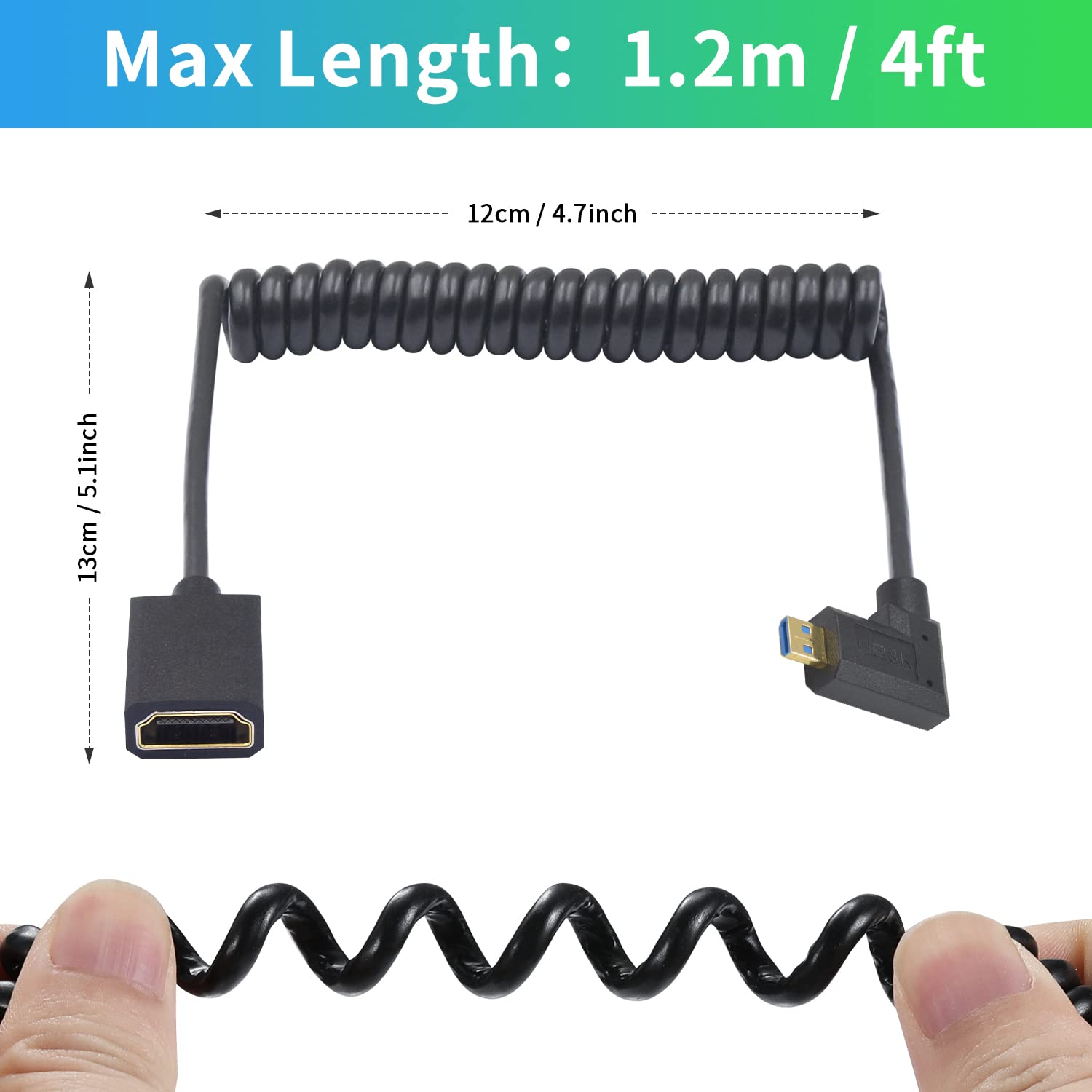 Thumbnail 6 de Duttek 8K 90 Degree Micro HDMI to HDMI Coiled Cable (1.2m) – Right Angle Micro HDMI Male to HDMI Female