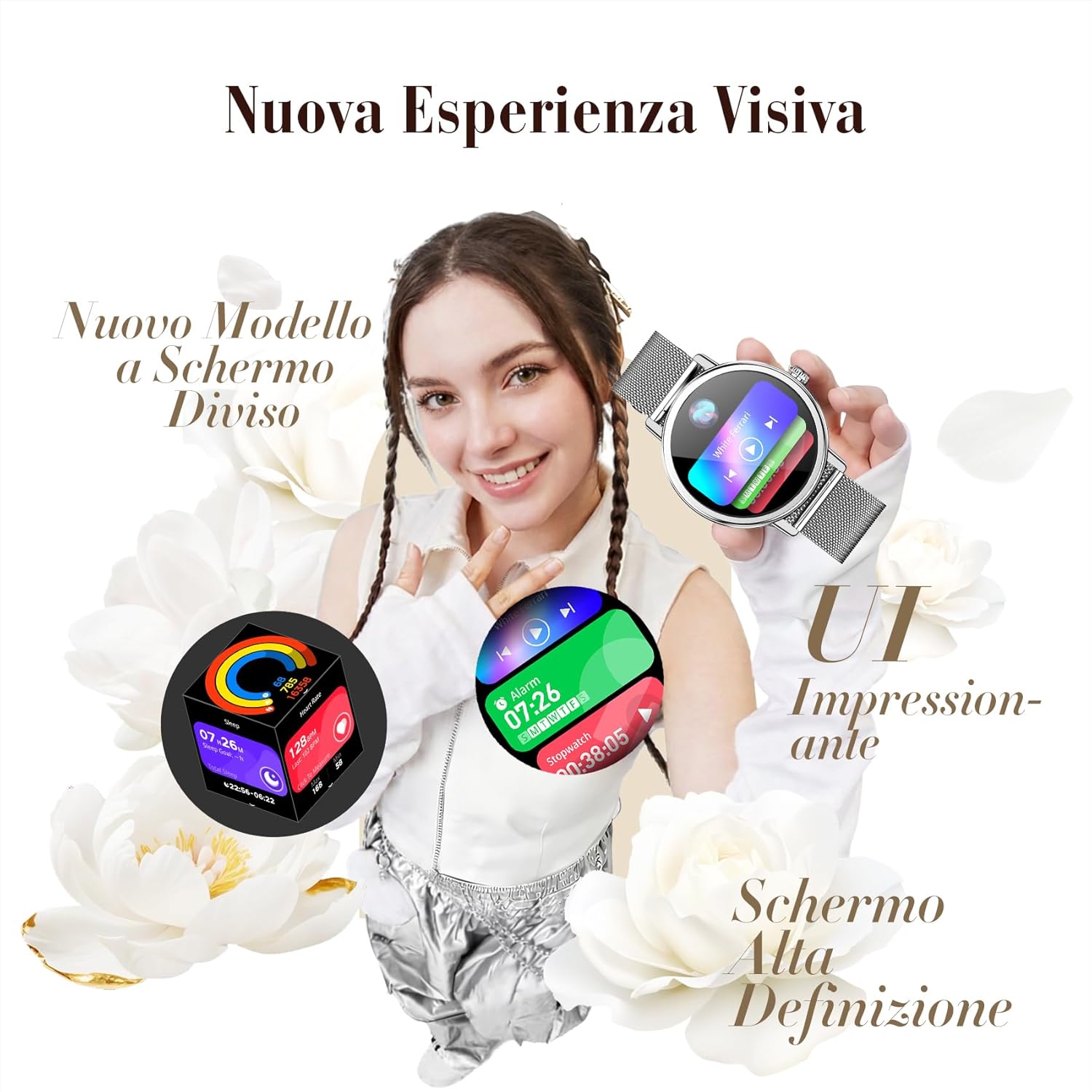 Detalle de Smartwatch Donna 1.26" con Chiamate Bluetooth, 2 Cinturini & Notifiche – IP68