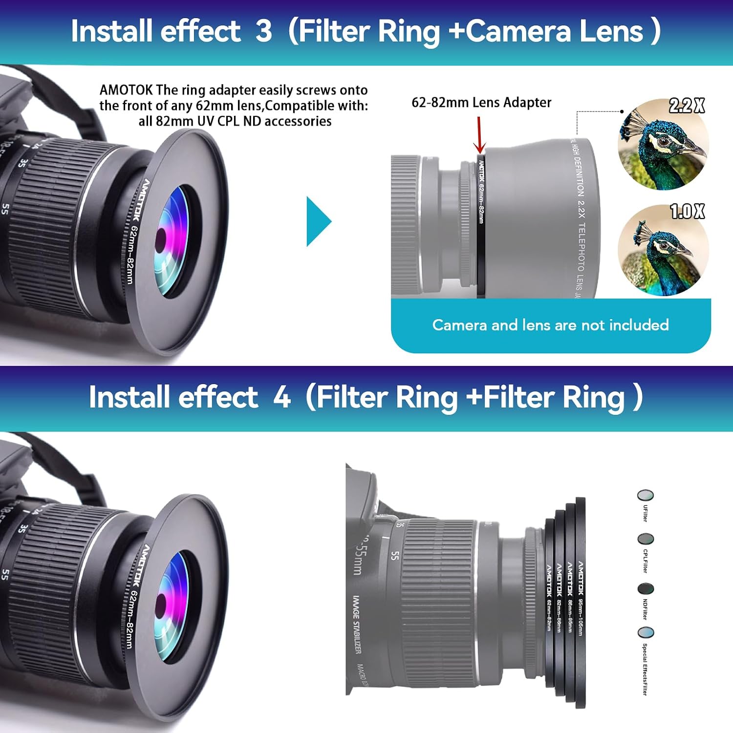 Thumbnail 6 de 62mm to 82mm Camera Lens Adapter Step-up Ring for 82mm filters and accessories