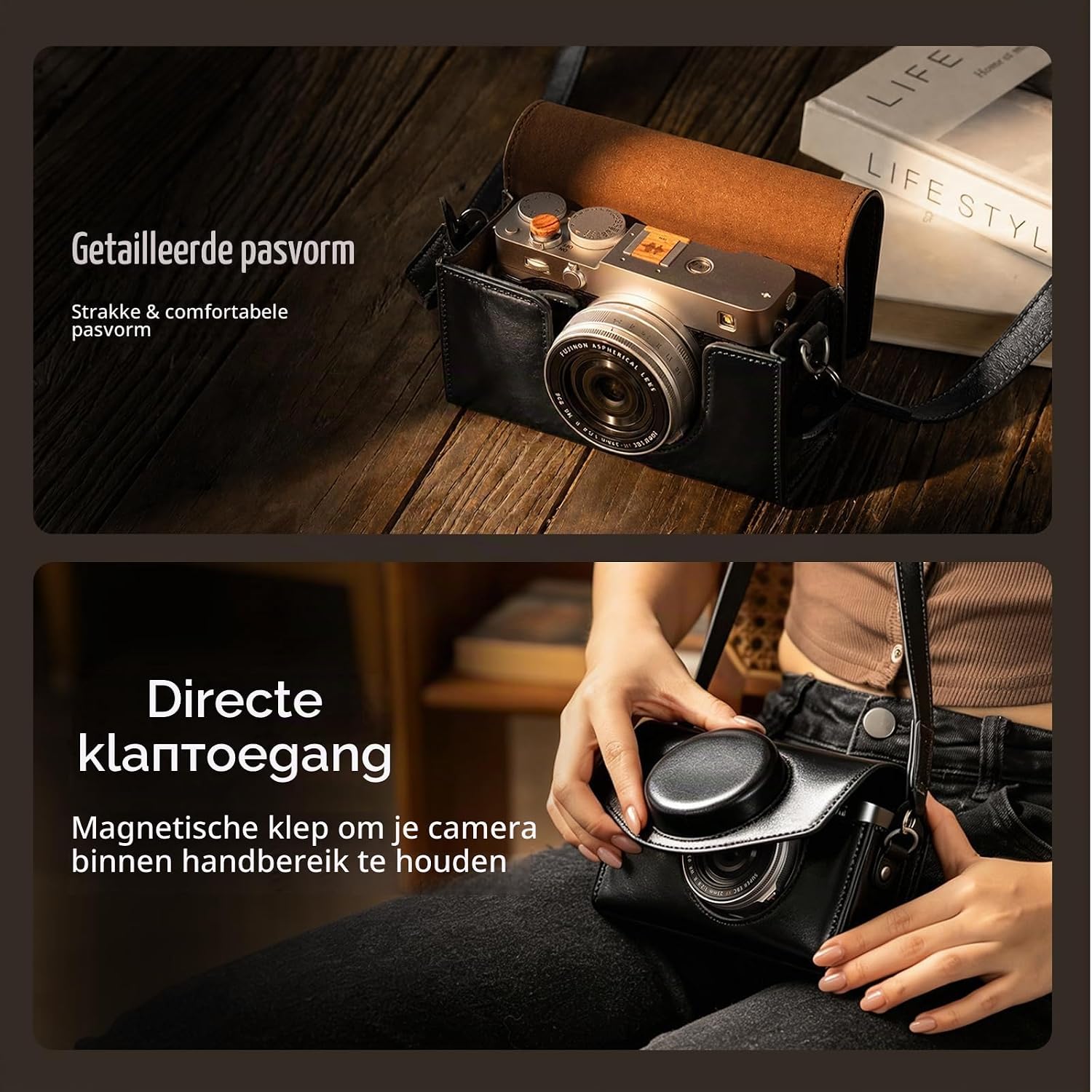 Detalle de SMALLRIG 5987 leren cameratas voor FUJIFILM X-E5 en X100VI, zwart
