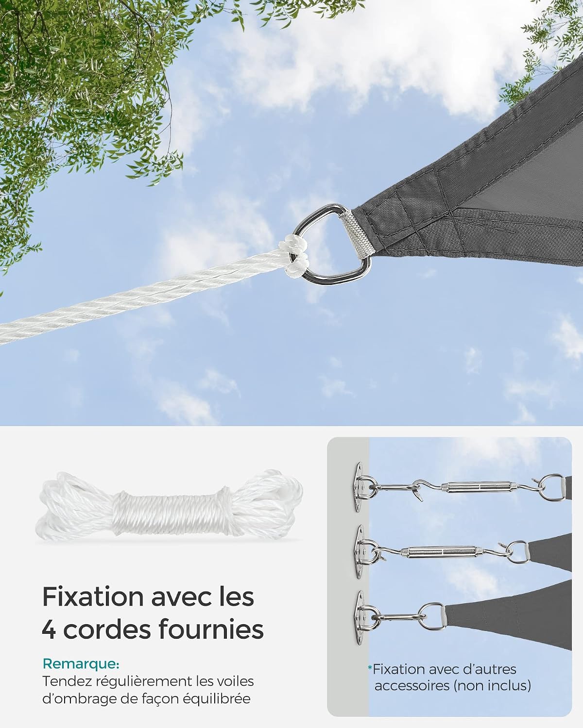 Thumbnail 6 de SONGMICS Voile d’ombrage carré 3 × 3 m, Gris Anthracite GSH33GYV1 – Hydrofuge, Colonne d’Eau 665 mm, Polyester anti-déchirure