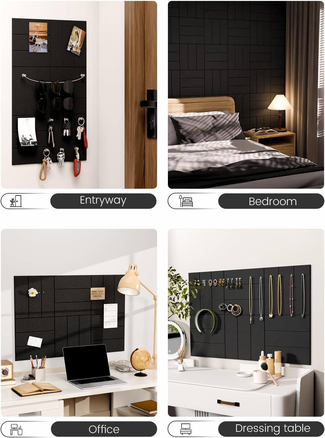 Thumbnail 6 de Fluxynara FZB-L-S-6-3L-BK Felt Bulletin Board Tiles, Black Bold Stripe, 6-Pack