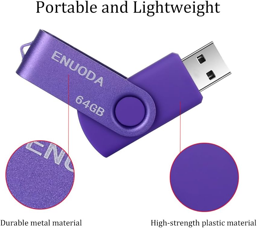 Detalle de ENUODA USB-Stick 64GB – Drehbarer Metallclip, USB 2.0, Lila