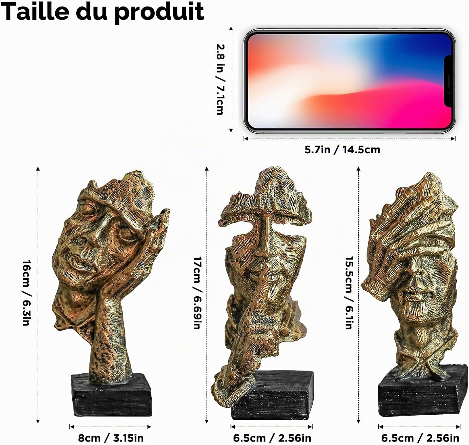 Detalle de XYQXYQ Silence is Golden, set van 3 gouden harsbeelden voor je interieur