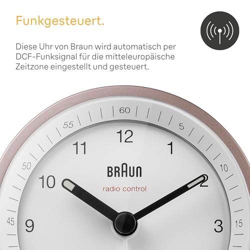 Detalle 2 de Braun BC07PW-DCF: Klassischer analoger Funkwecker mit MEZ/GMT+1 Zeitzone, Schlummerfunktion und Beleuchtung