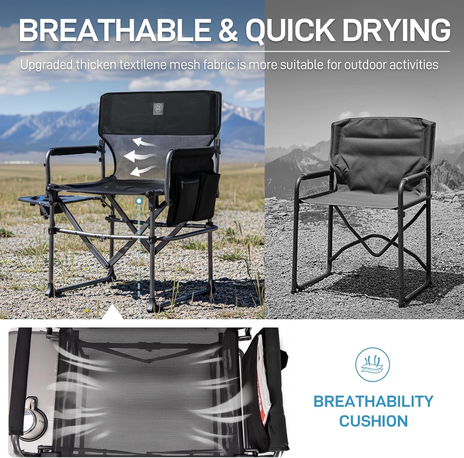 Thumbnail 3 de EVER ADVANCED Camping Directors' Chair with Side Table – Portable Folding Outdoor Chair, 400 lbs, Textilene Mesh, Black