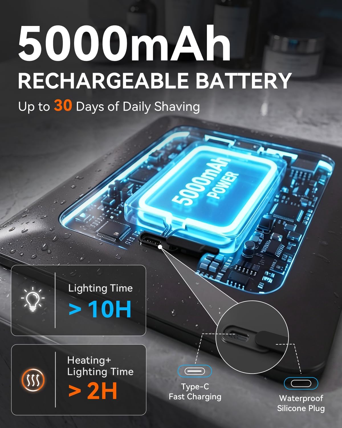 Detalle 2 de DeLanges Heated Fogless LED Shower Mirror with 3 Dimmable Lights, Rechargeable Battery & Drill-Free Mount