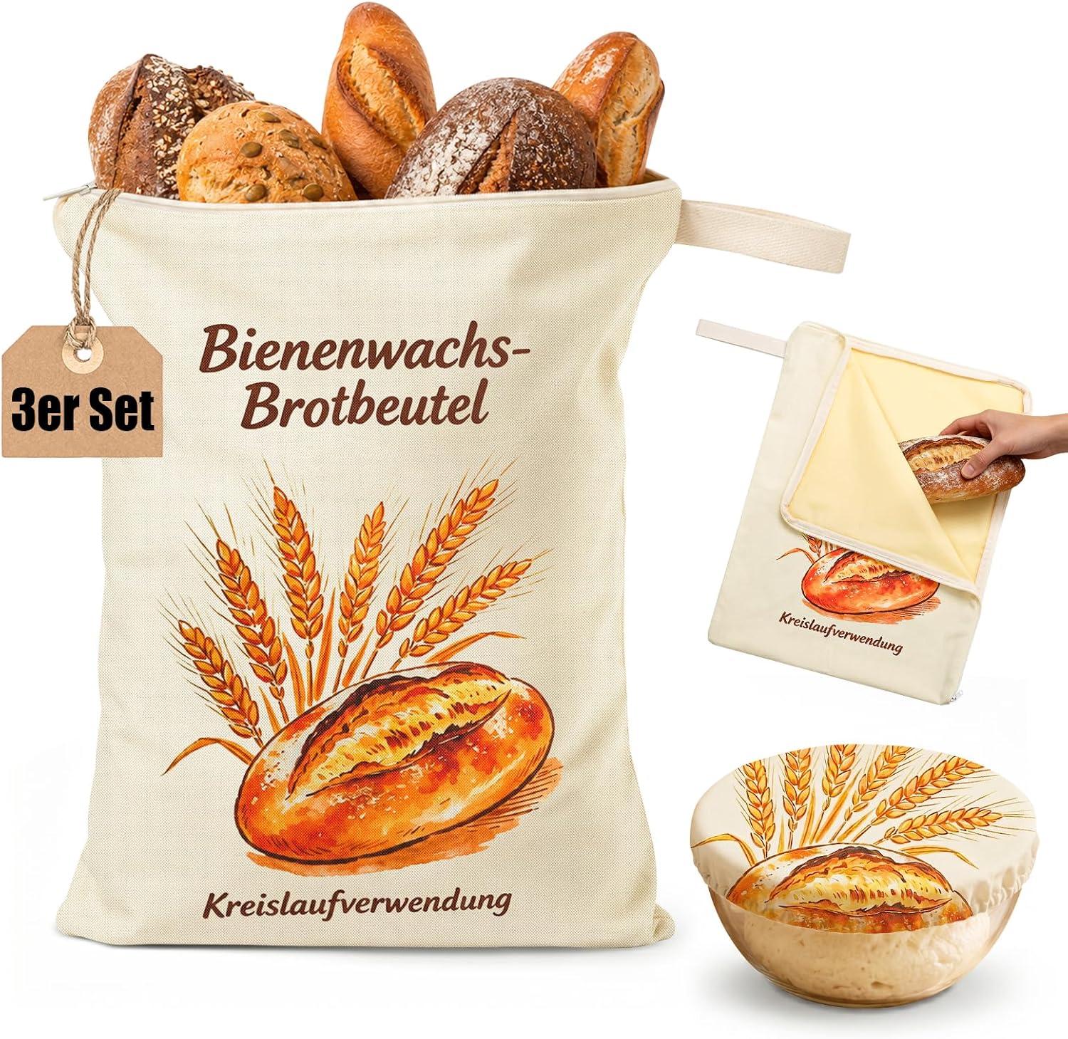 Detalle de 2er-Set Bienenwachs Brotbeutel aus Leinen – wiederverwendbar, 32x43 cm