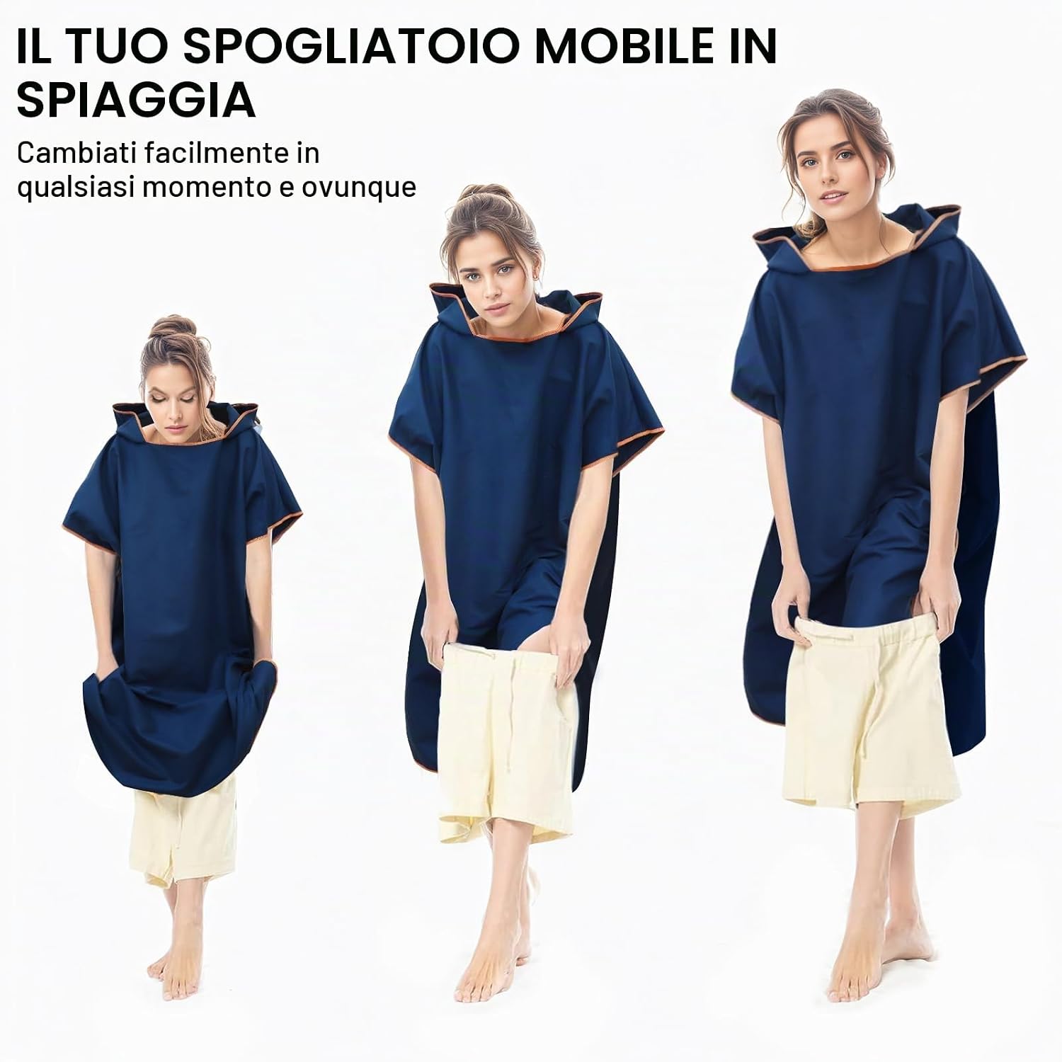 Detalle 2 de Poncho da bagno in microfibra per uomo e donna – 110x90 cm, asciugamano poncho blu scuro