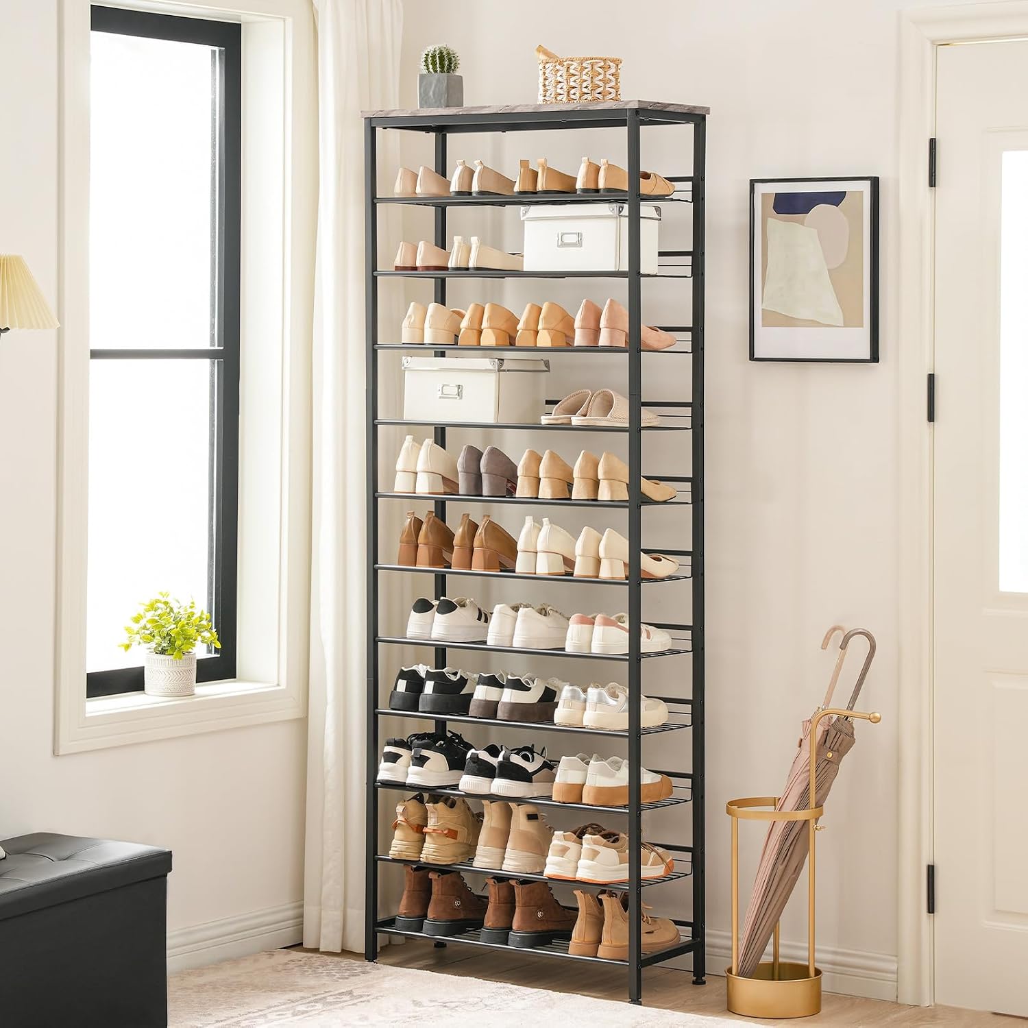 Detalle de HOOBRO BG51XJ01 schoenenrek met 12 niveaus, 44–55 paar, zwart-greige