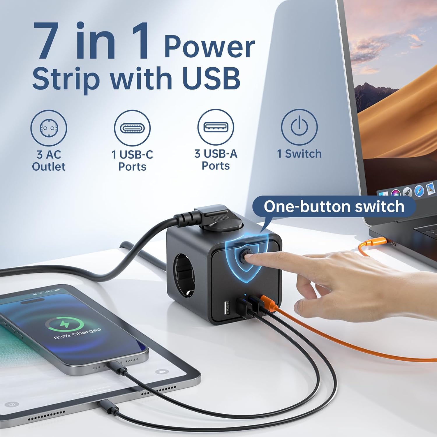 Thumbnail 1 de KEMELO Steckdosenwürfel mit USB 7 in 1 – 7,4 cm kompakt, 2 m Verlängerungskabel und schaltbarer Save-Energy-Schalter