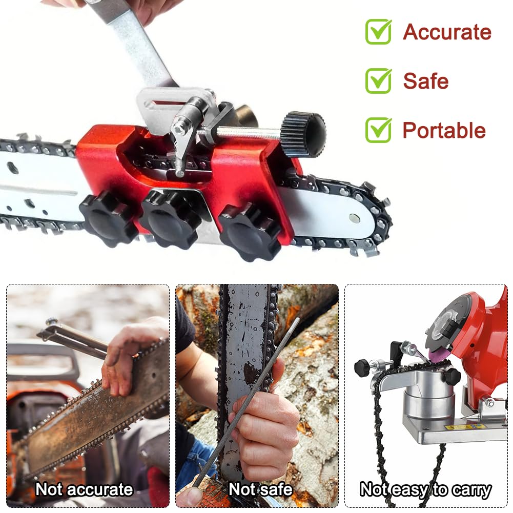 Detalle de Aoreun XY-mlq-set kettingzaagslijper met handslinger en slijpkoppen van 4, 5 en 6 mm