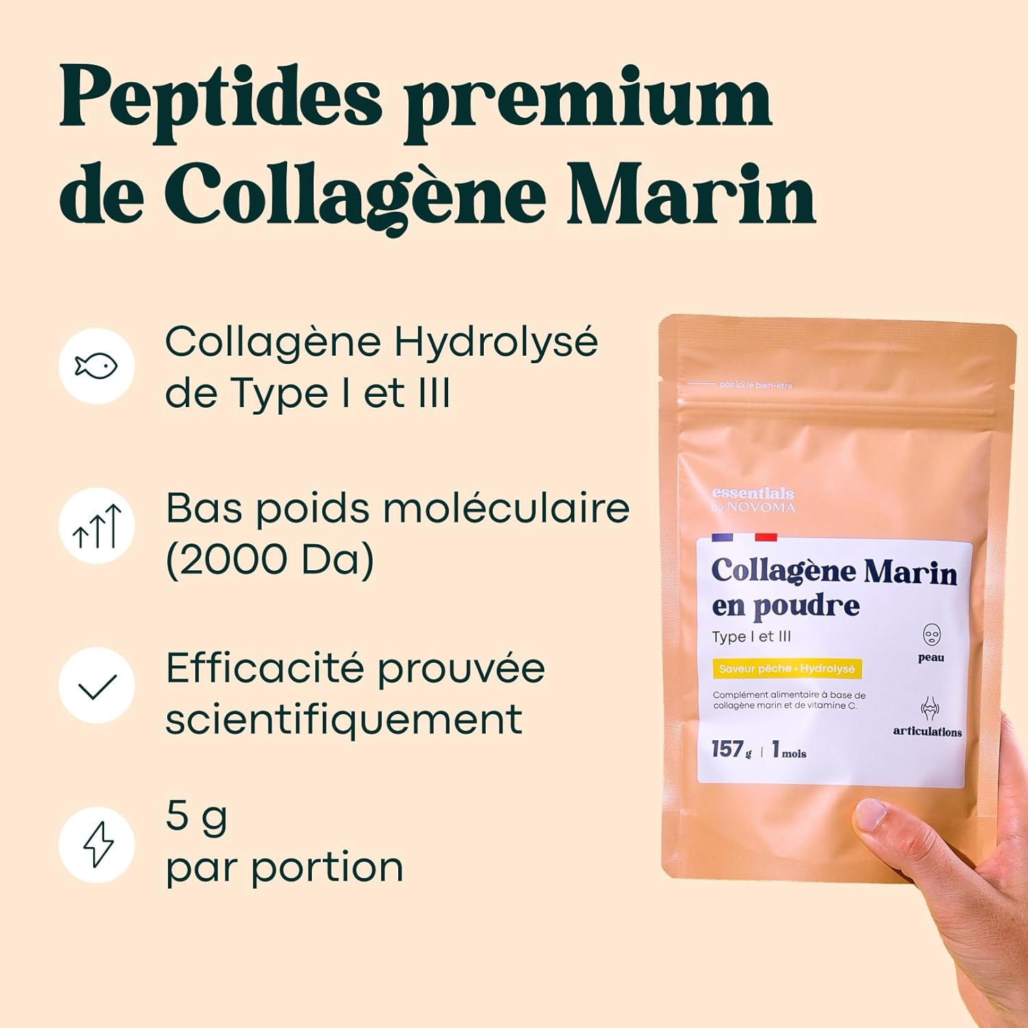Thumbnail 2 de Collagene Marin Type 1 & 3 Essentials by Novoma (saveur pêche) — poudre hydrolysée à peptides 2000 DA