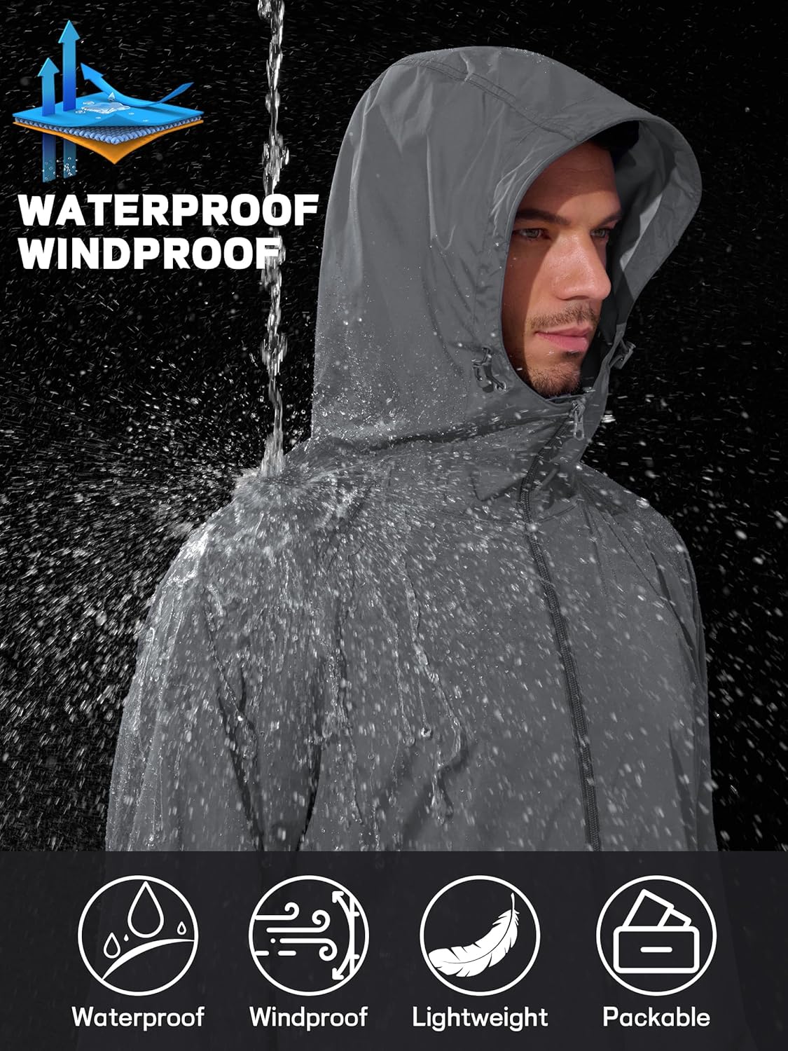 Thumbnail 3 de UIQUR Men's Rain Jacket Windbreaker Waterproof Jacket Raincoat