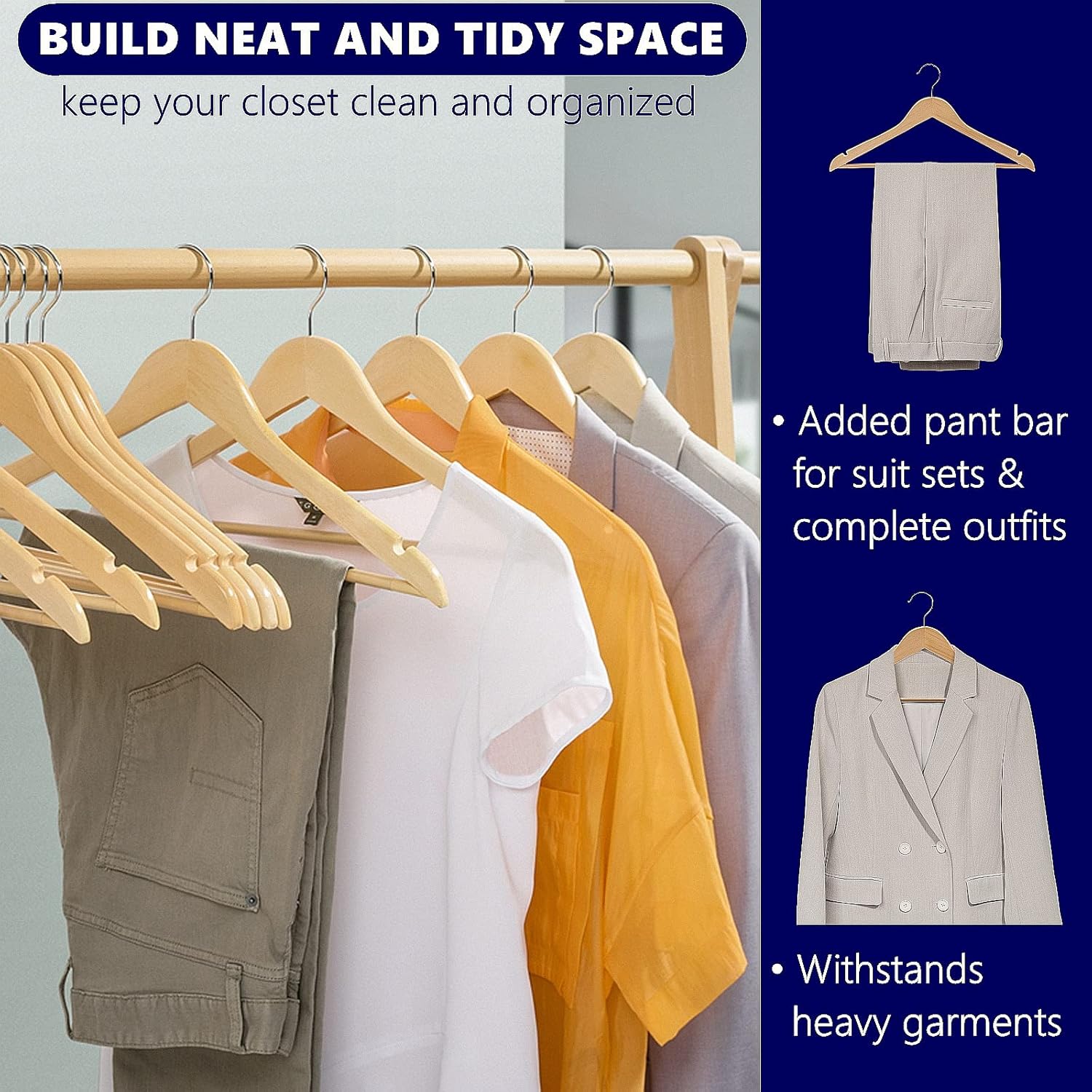 Thumbnail 4 de Amber Home 30 Wooden Coat Hangers with Non-Slip Bar