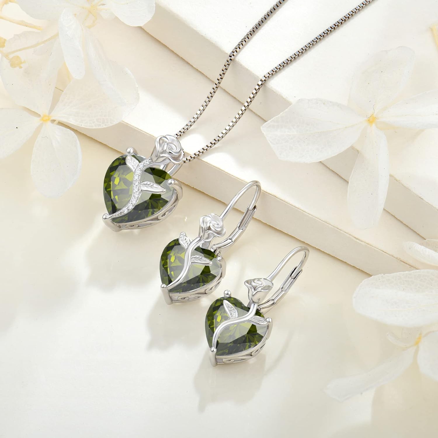 Thumbnail 3 de FJ Herz Kette Damen 925 Sterling Silber Geburtsstein & Rosenblüten-Anhänger