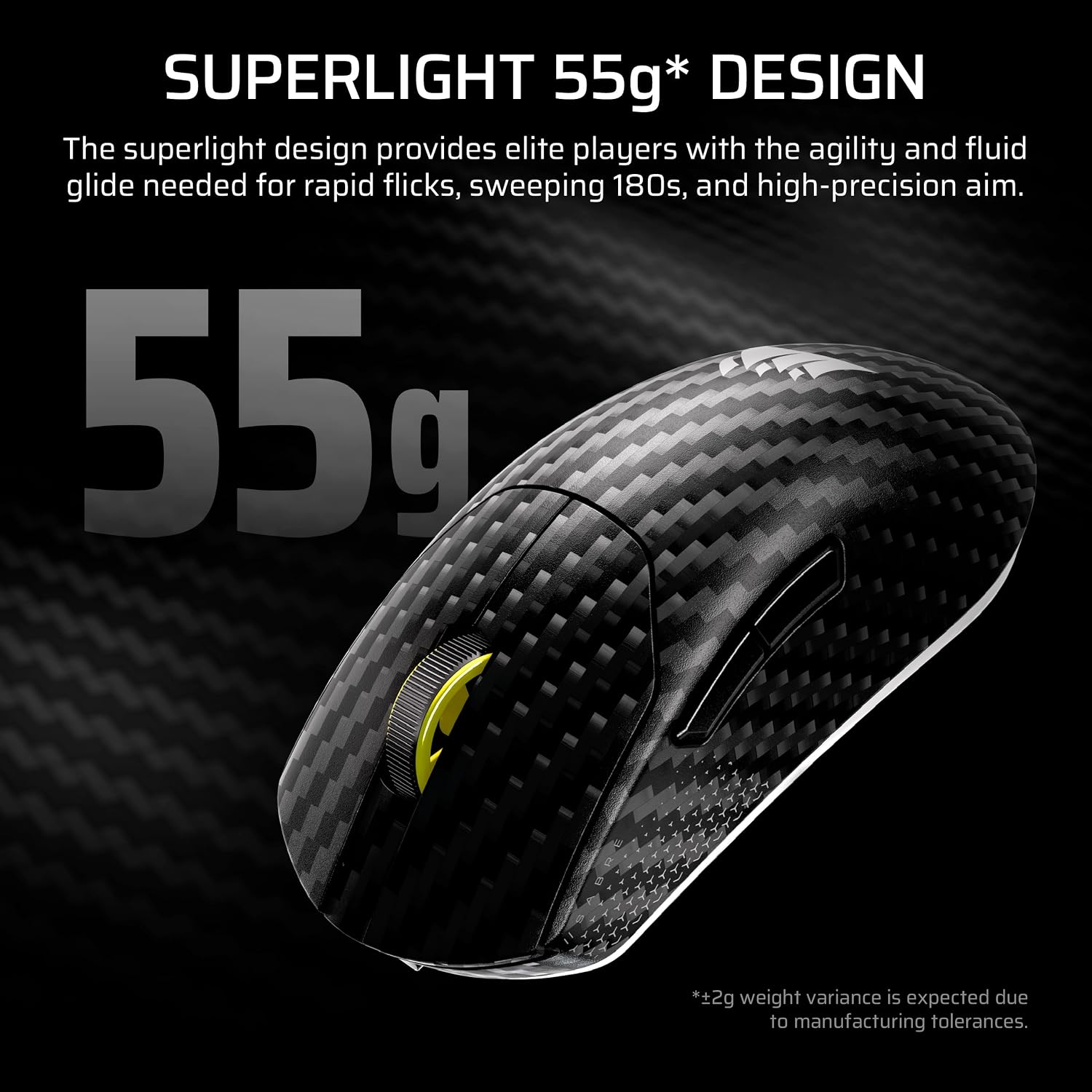 Detalle de Corsair Sabre v2 PRO Wireless CF FPS Gaming Mouse (Black) — Carbon Fiber Unibody, 33,000 DPI, 8,000Hz Hyper-Polling