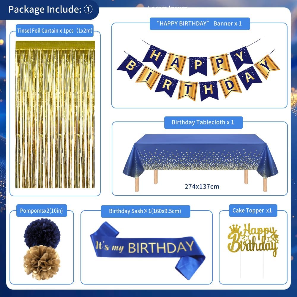 Detalle 2 de Navy Blue and Gold Birthday Decorations 274x137cm tablecloth