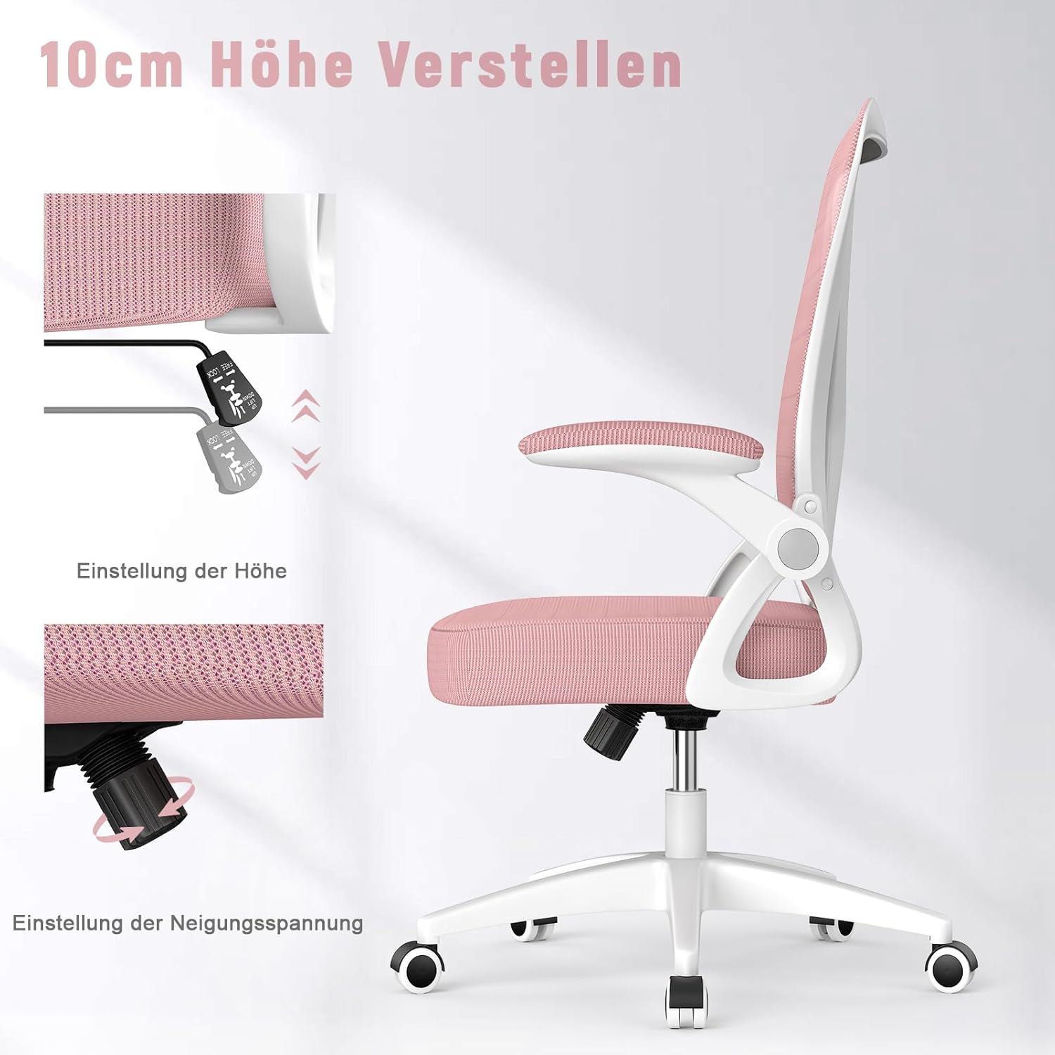 Thumbnail 3 de Naspaluro Bürostuhl mit verstellbaren Armlehnen – ergonomisch, Netzrücken, Lordosenstütze, rosa