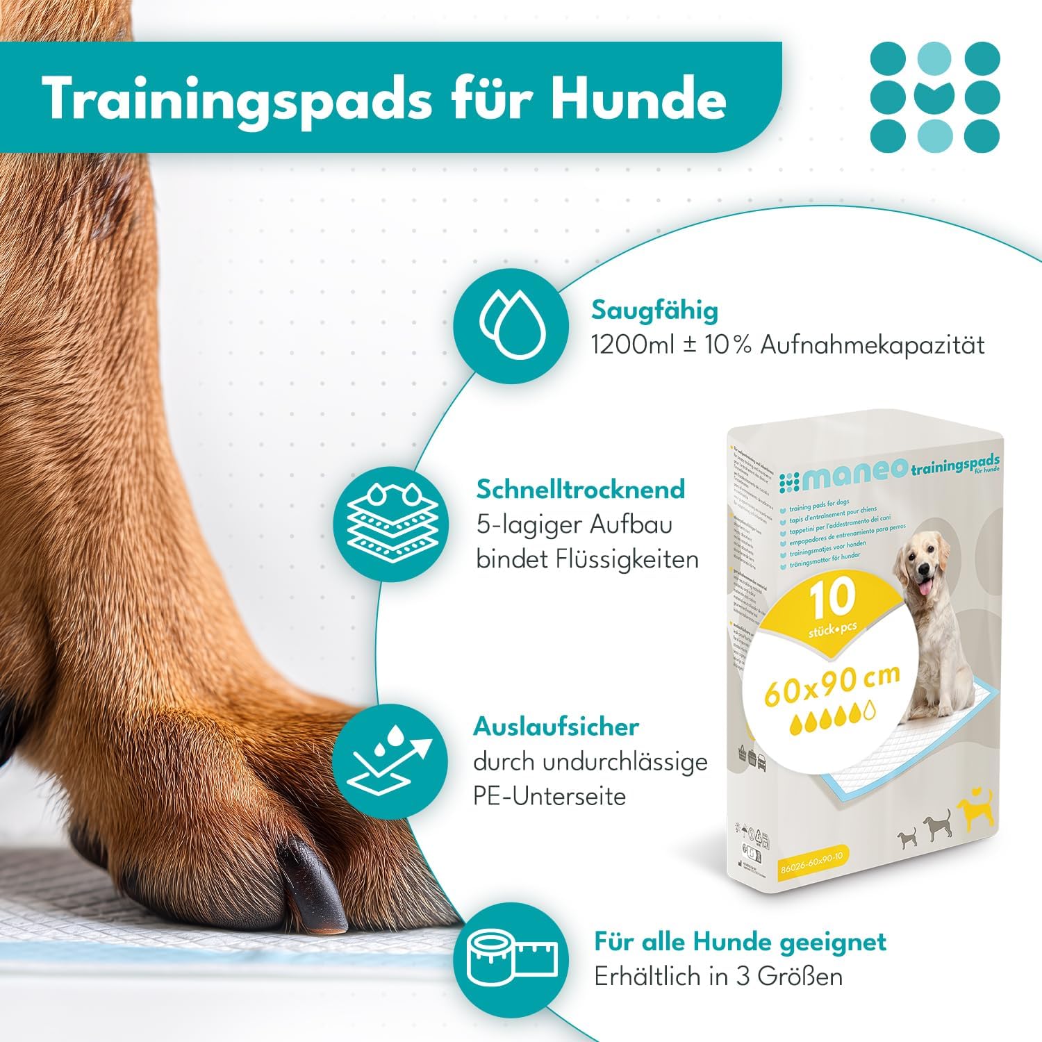 Thumbnail 1 de maneo 10x Welpen Unterlagen 60x90 cm – saugfähige Training Pads als auslaufsicheres Hundeklo