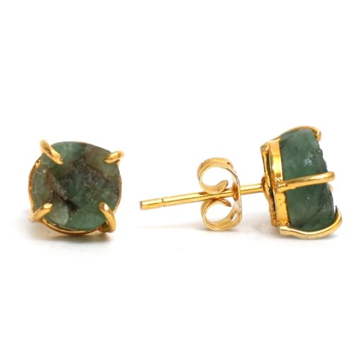 Detalle de Gempires Natural Raw Emerald Gemstone Stud Earrings – Handmade, Hypoallergenic Gold Plated Minimal Prongs