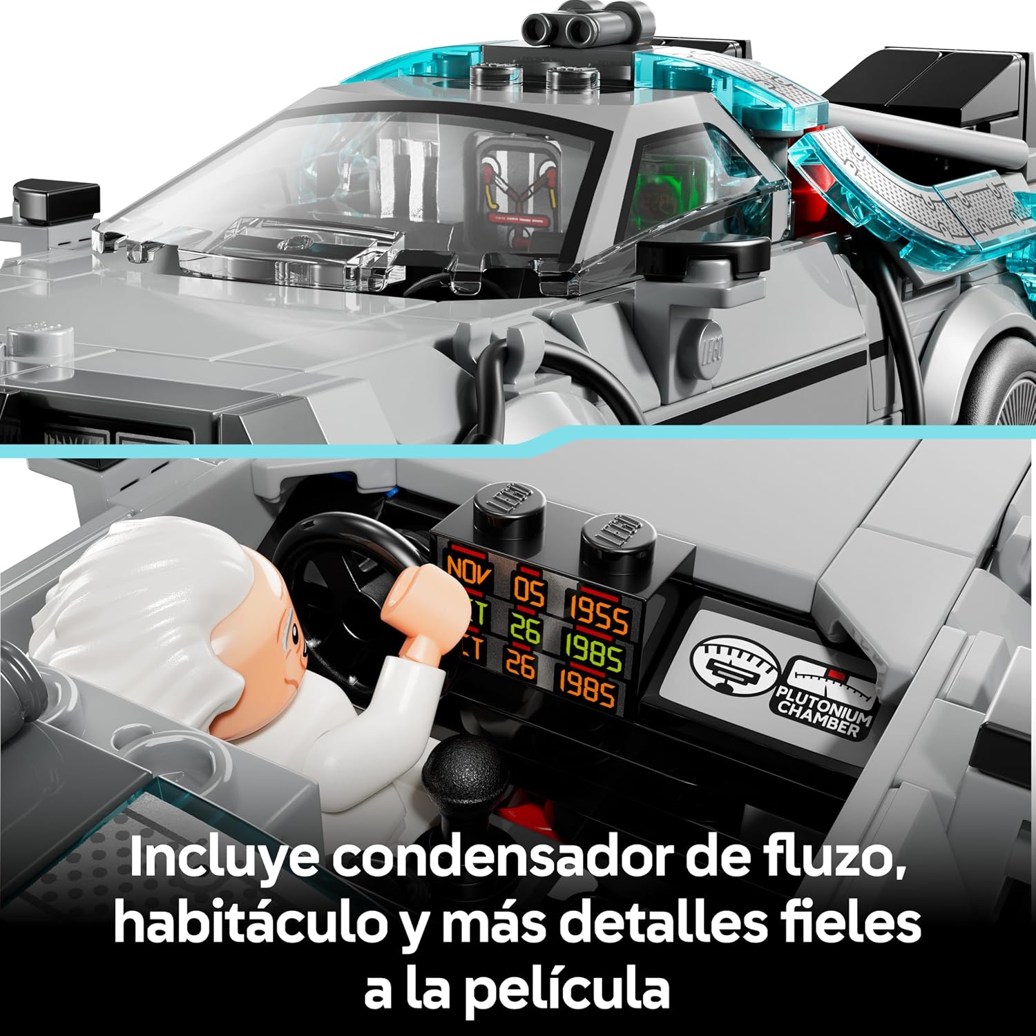 Detalle 1 de LEGO Speed Champions Máquina del Tiempo de Regreso al Futuro (77256) – Maqueta de Coche con Doc Brown y Marty McFly