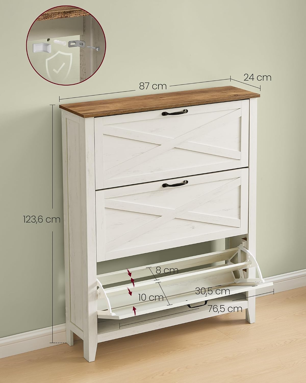 Detalle de VASAGLE LIRY HSC301W02 shoe cabinet, 3 flaps, vintage white