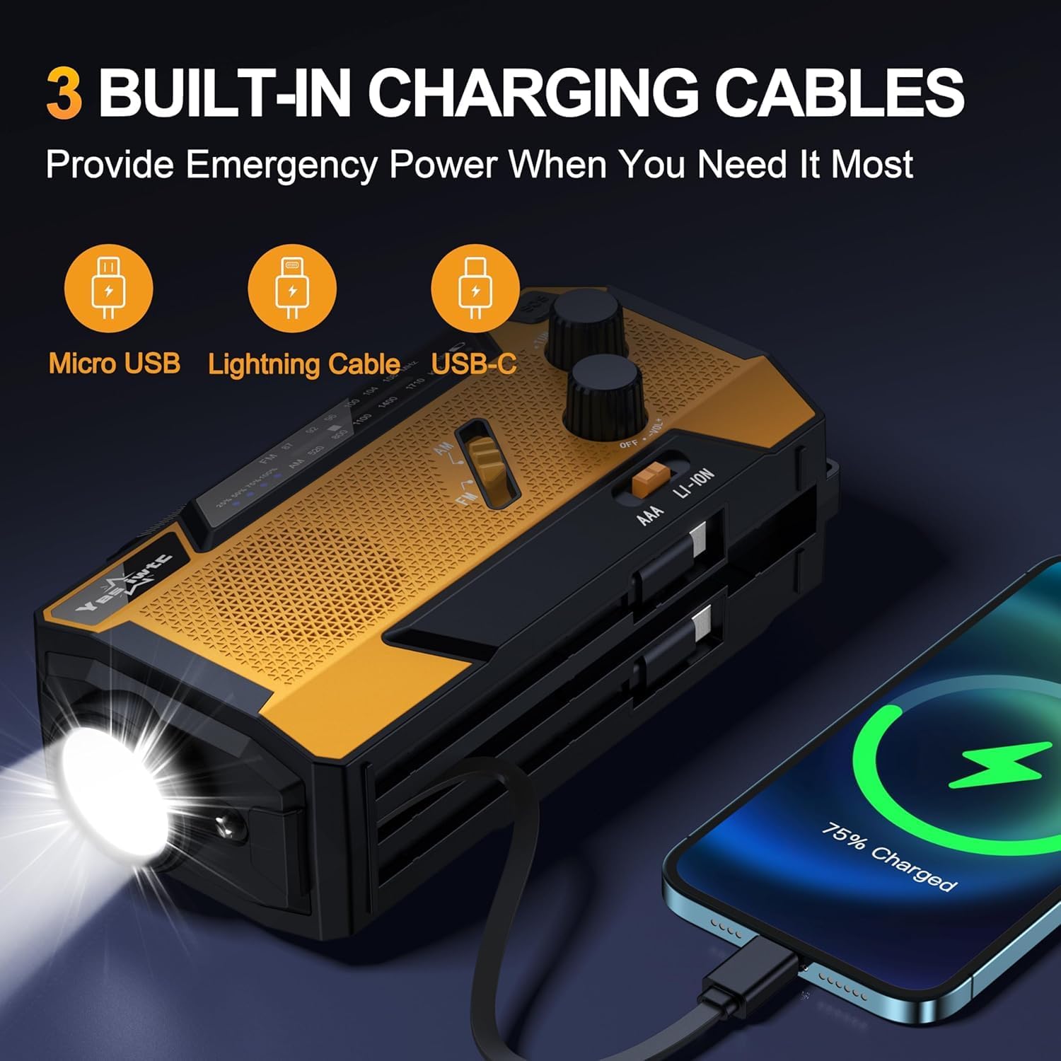Detalle de Wind Up Solar Radio emergency hand crank radio with SOS alarm, flashlight & built-in cables (7400mWh / 2000mAh)