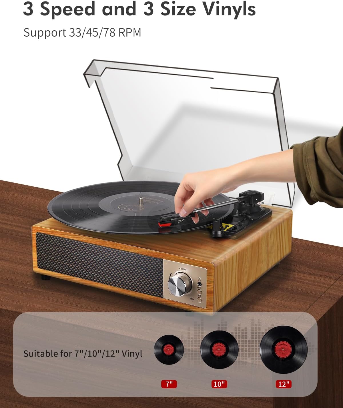 Detalle 2 de VIFLYKOO platenspeler met Bluetooth 5.4, stereoluidsprekers en drie snelheden