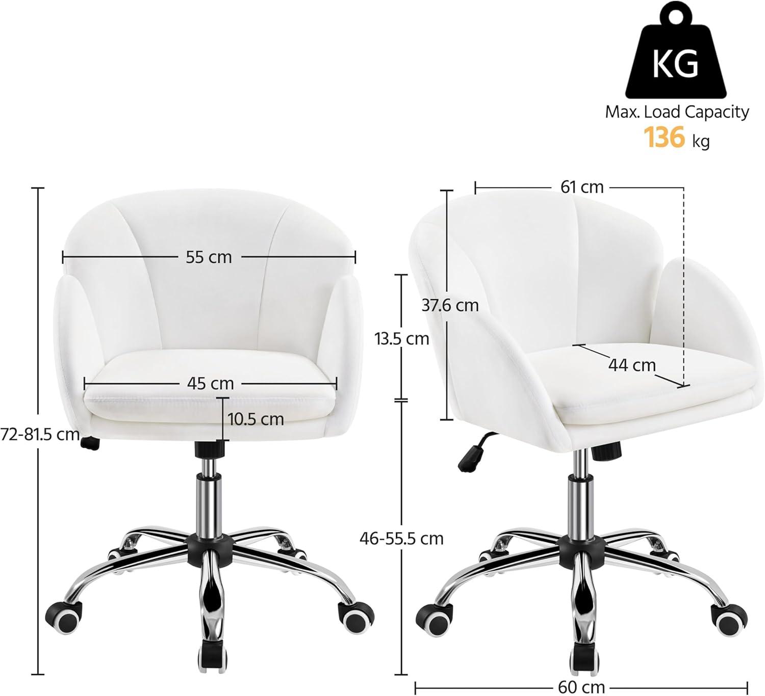 Thumbnail 2 de Yaheetech Homeoffice Stuhl – Schminkstuhl/Schreibtischstuhl, höhenverstellbar, 136 kg Belastbarkeit, Weiß/Samt